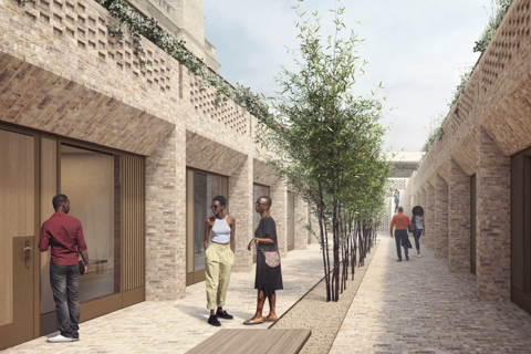 An image visualising the view of Rhodes accommodation. There are rooms in two rows either side of a paved courtyard lined with trees. Prospective students meet and walk along the courtyard.