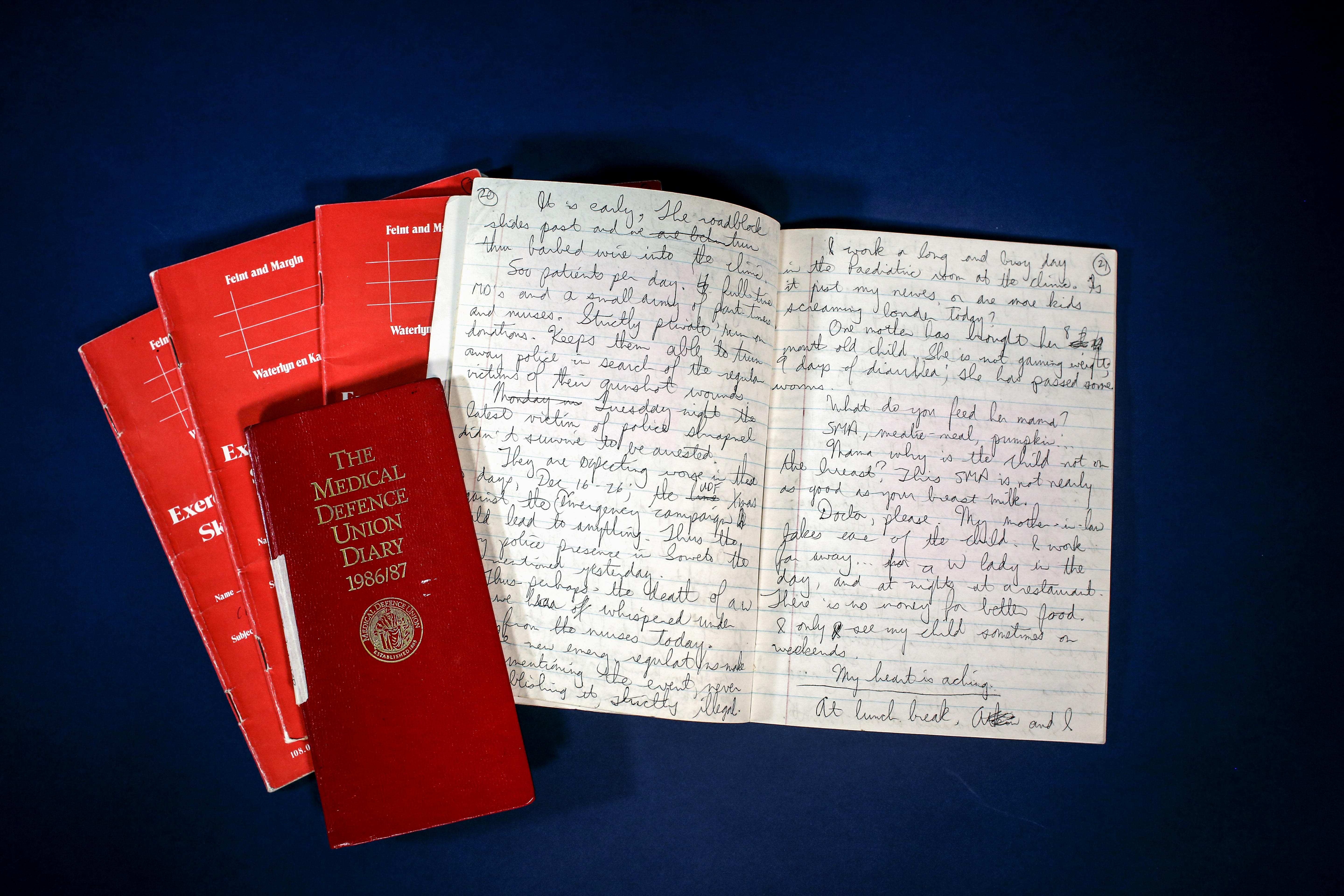 Image of Meredith's journals. The cover to the left reads 'The Medical Defence Union Diary 1986/87'. The handwritten text in the journal to the right is illegible.
