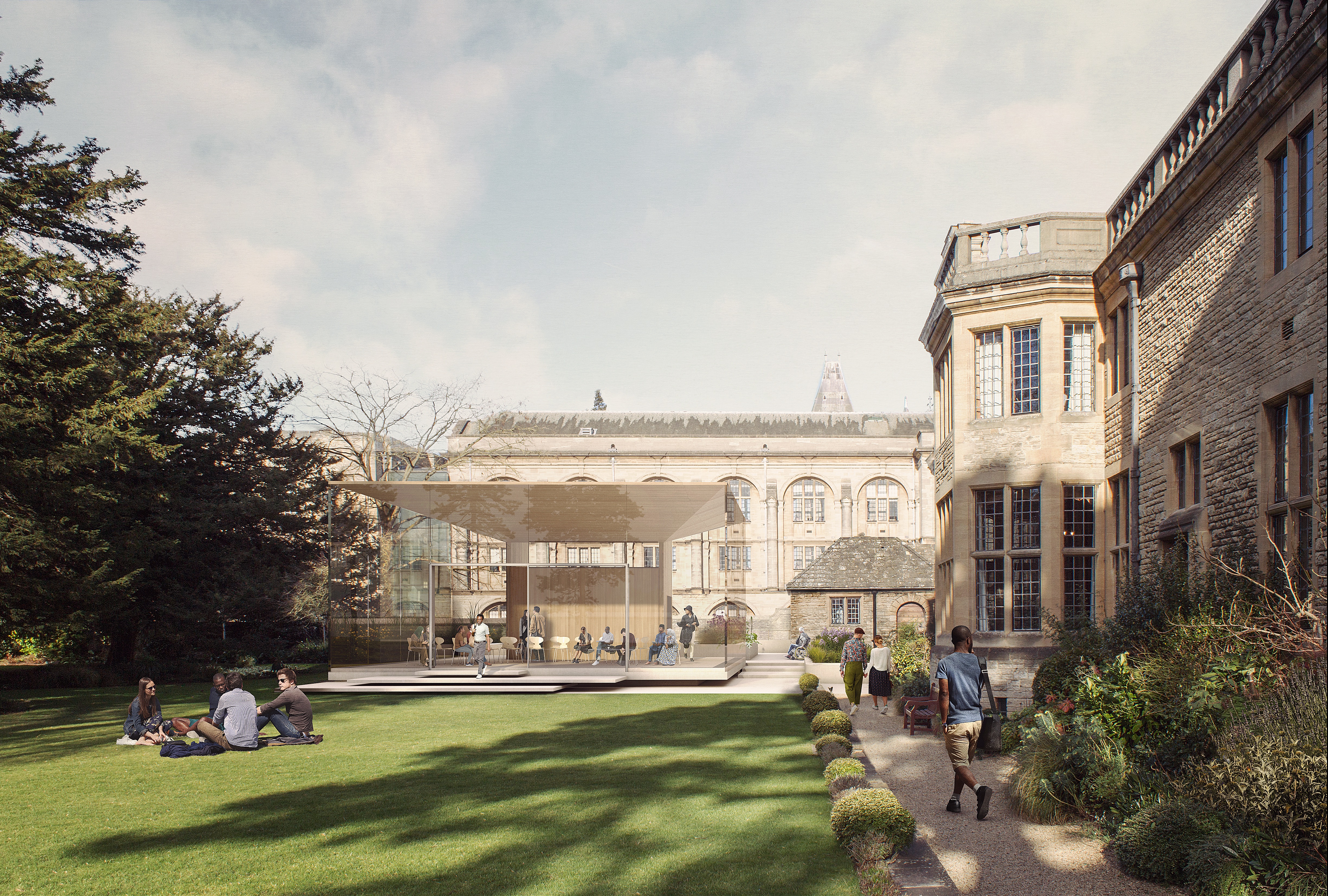 An artist's impression of the new Garden Pavilion. The image shows a glass building in a grassy courtyard with students sitting and walking