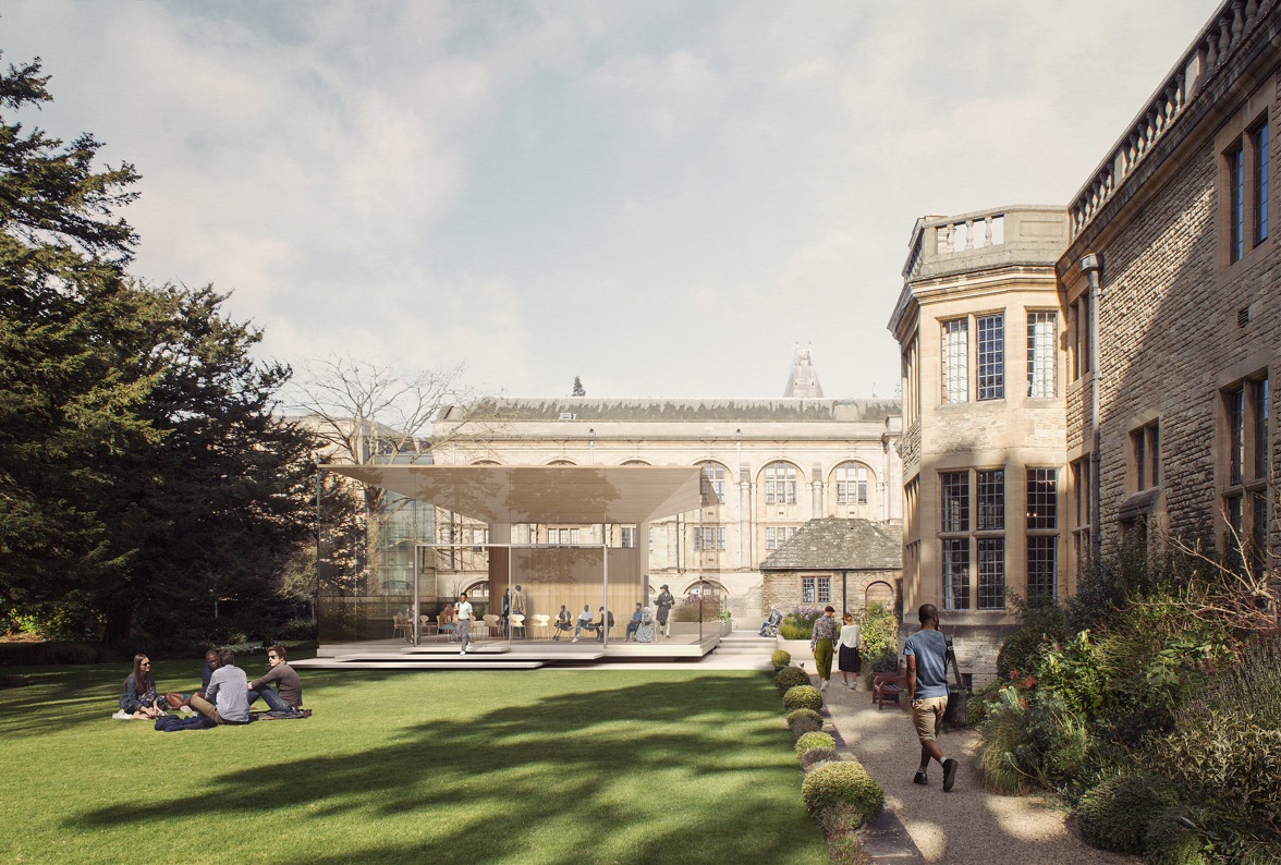 An artist's impression of the new Garden Pavilion. The image shows a glass building in a grassy courtyard with students sitting and walking