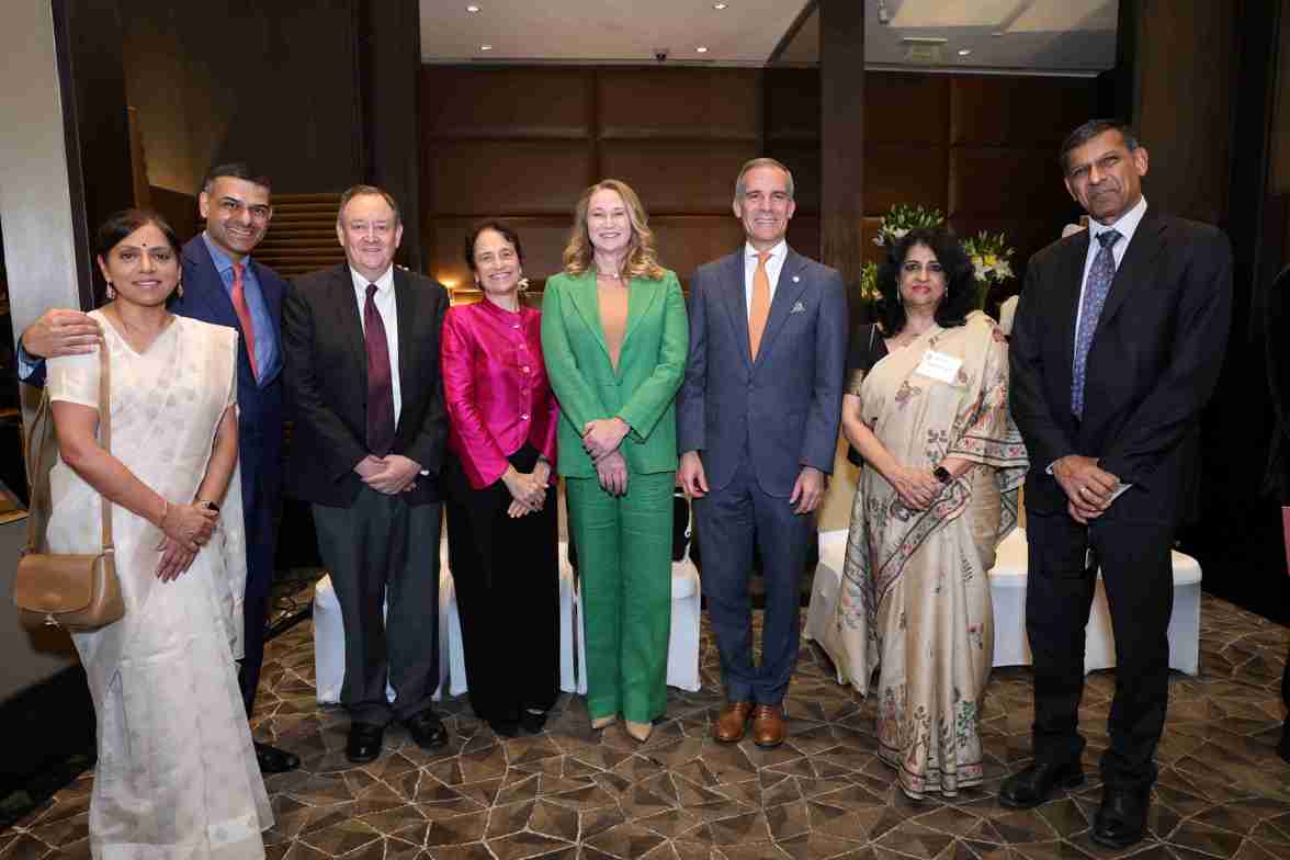 Soumya Rajan, Dr Mukund Rajan, Jeff Holzgrefe, Warden Dr Elizabeth Kiss, Amy Wakeland, Ambassador Garcetti, Dr Radhika Rajan, Prof Raghuram Rajan at the announcement reception