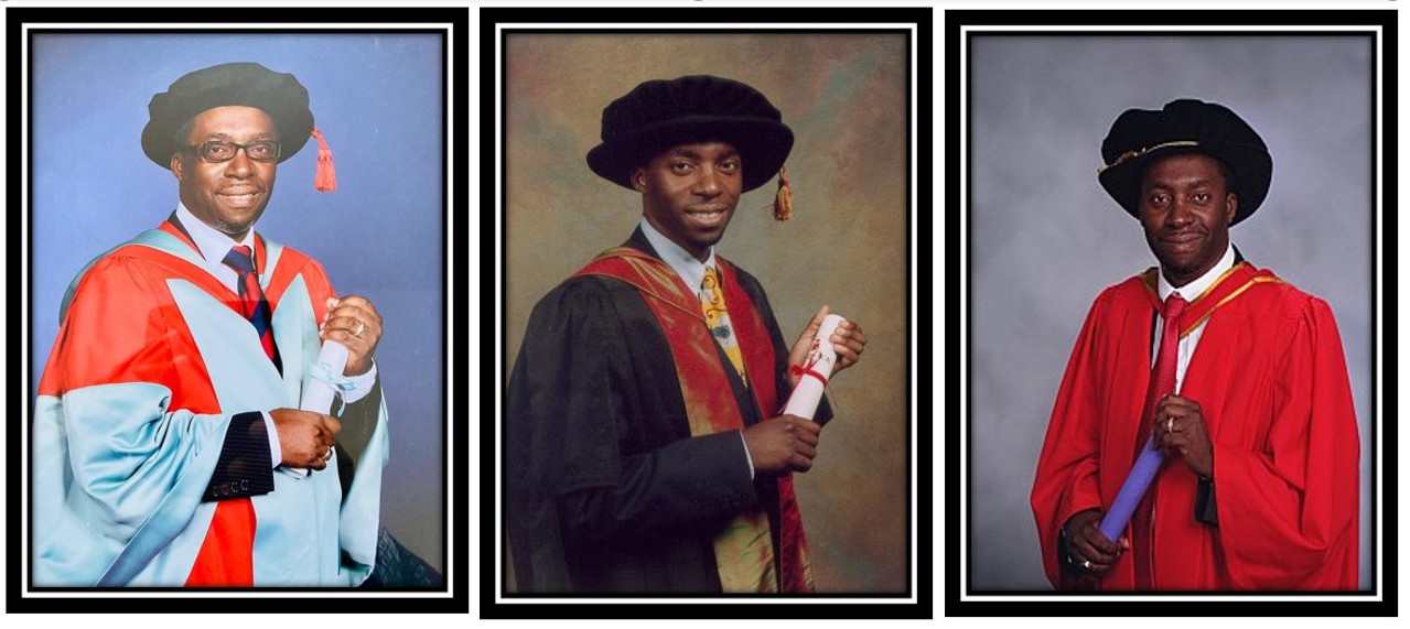 Three images of Kenneth each with a doctoral hat and holding a certificate, adorned in a red gown.