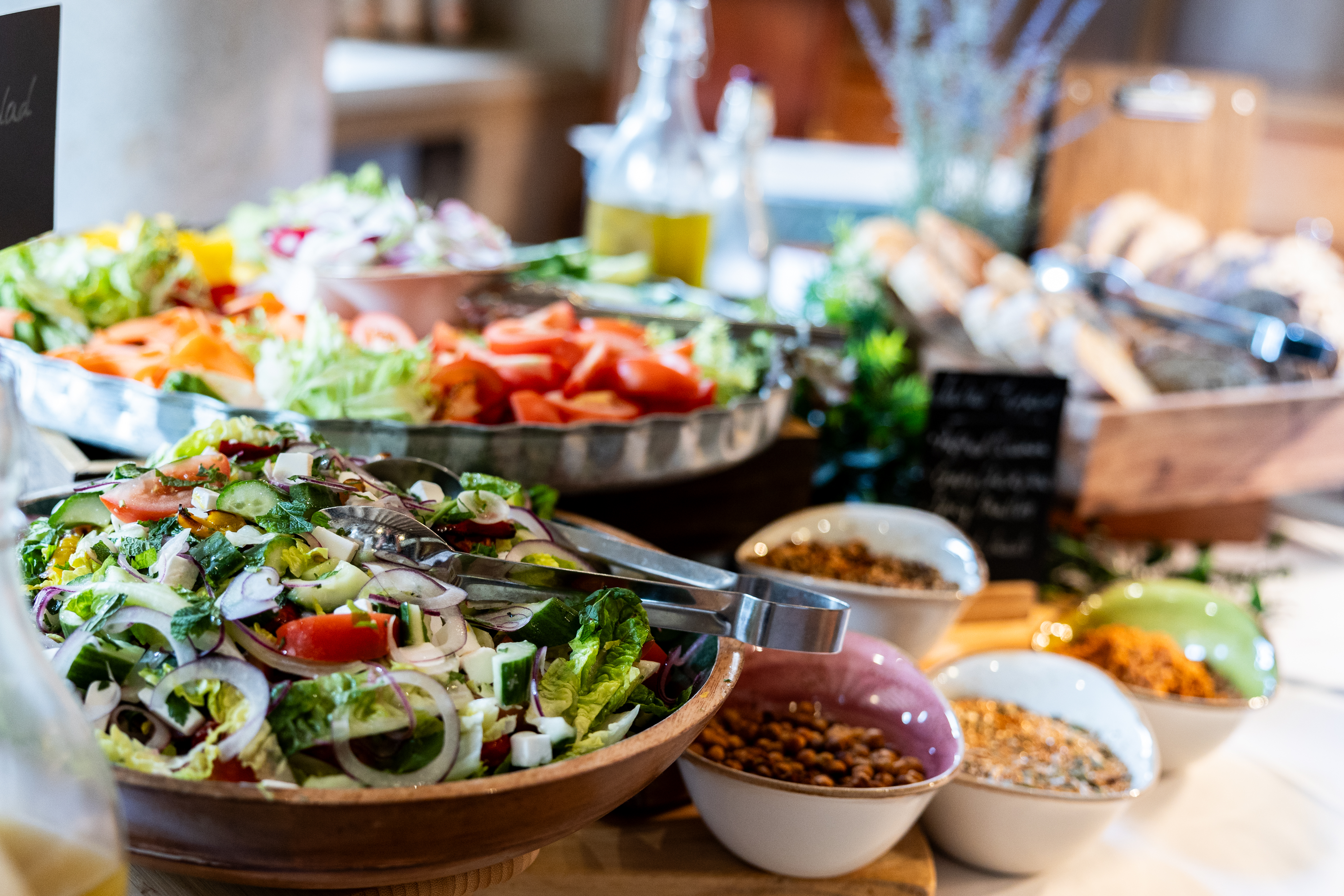 Closeup view of buffet lunch salads and toppings.