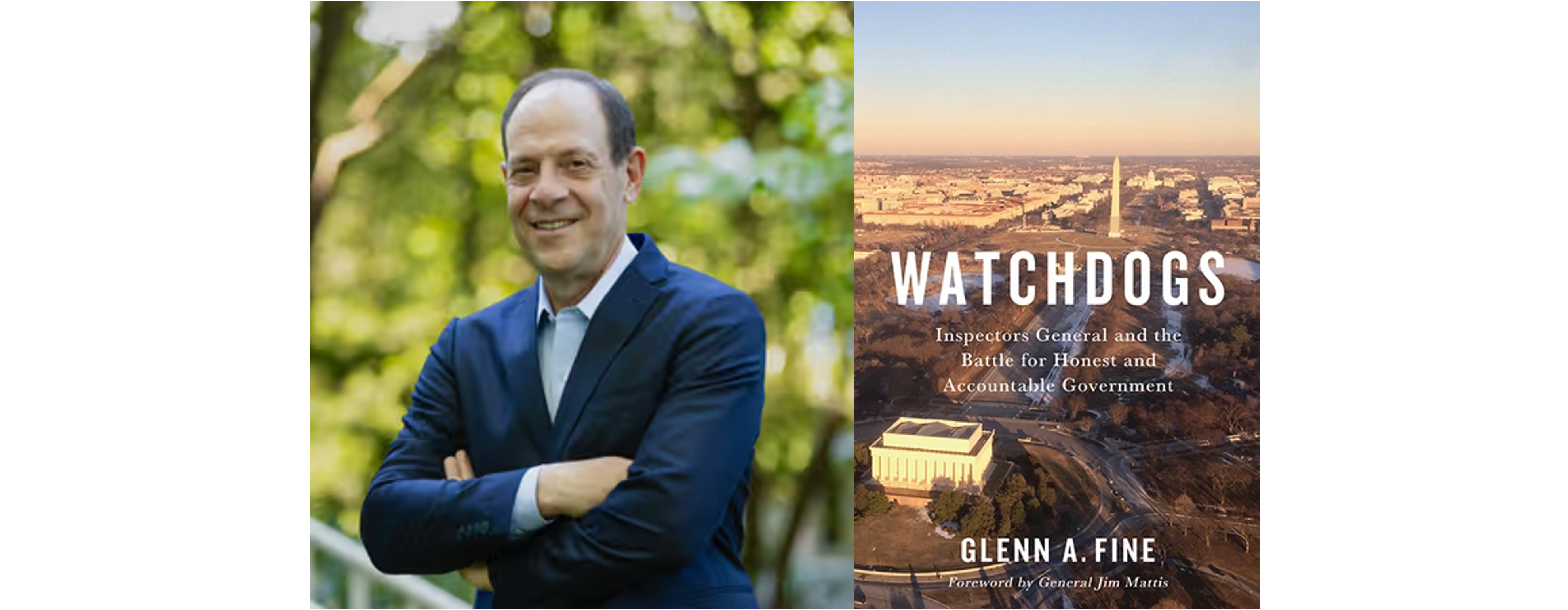 Book cover of "Watchdogs" alongside a photo of its author, Glenn Fine