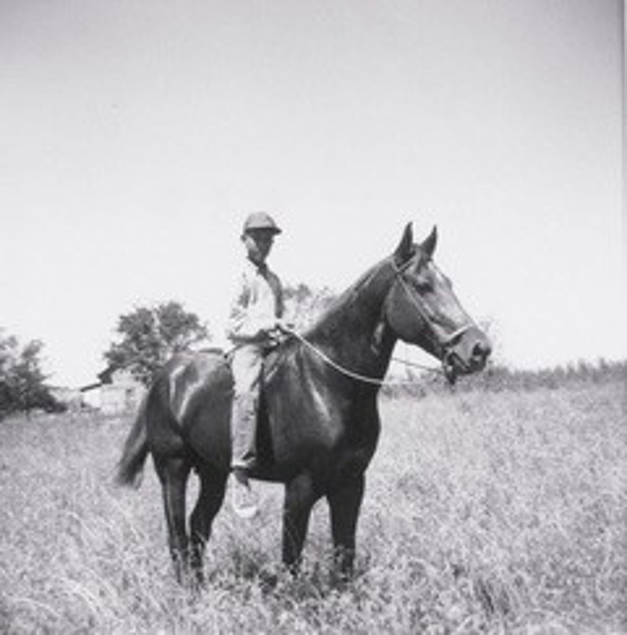 Black and white childhood photo of Greg as a child on horse.
