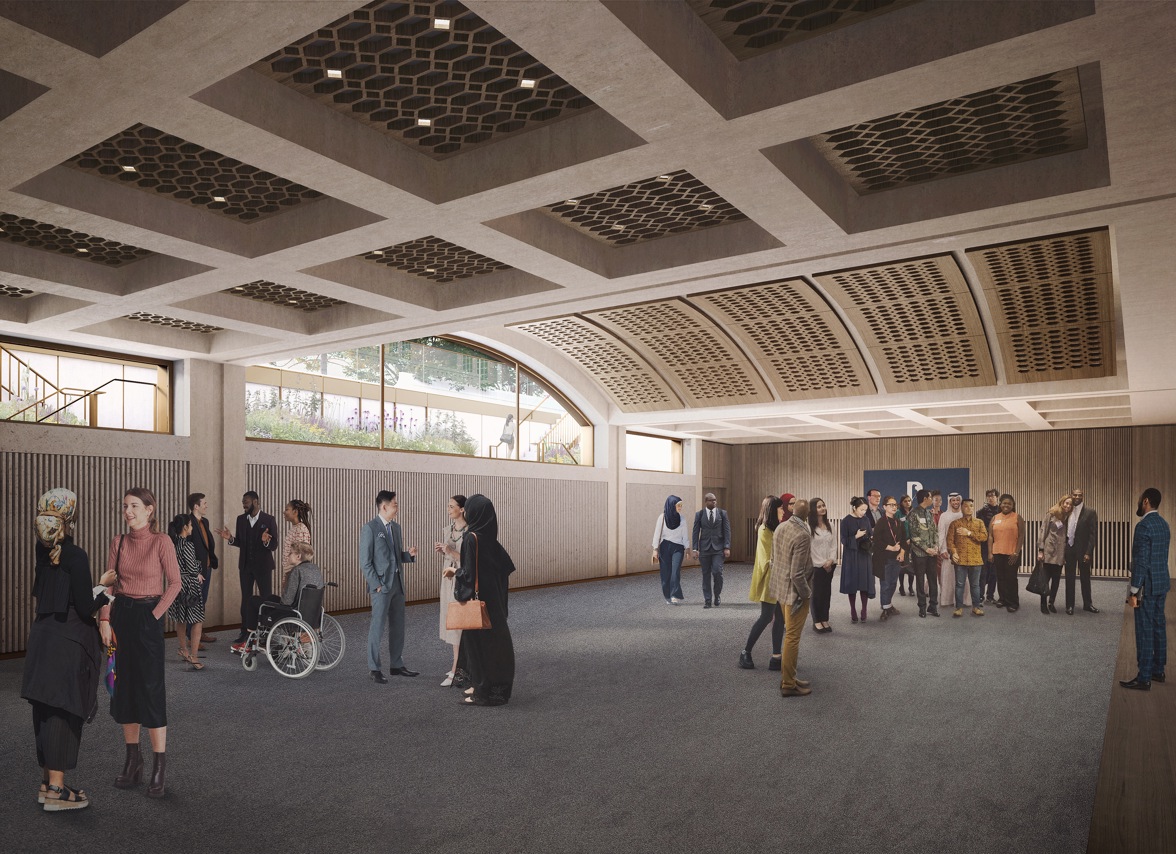 An image visualising the development plans for the Rhodes convening centre. The room is large and spacious, with concrete beams, and is filled with students in small groups talking.