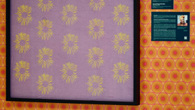 A vibrant pink and orange patterned artwork loosely inspired by the bold lines and bright colours of Mozambican capulana textiles