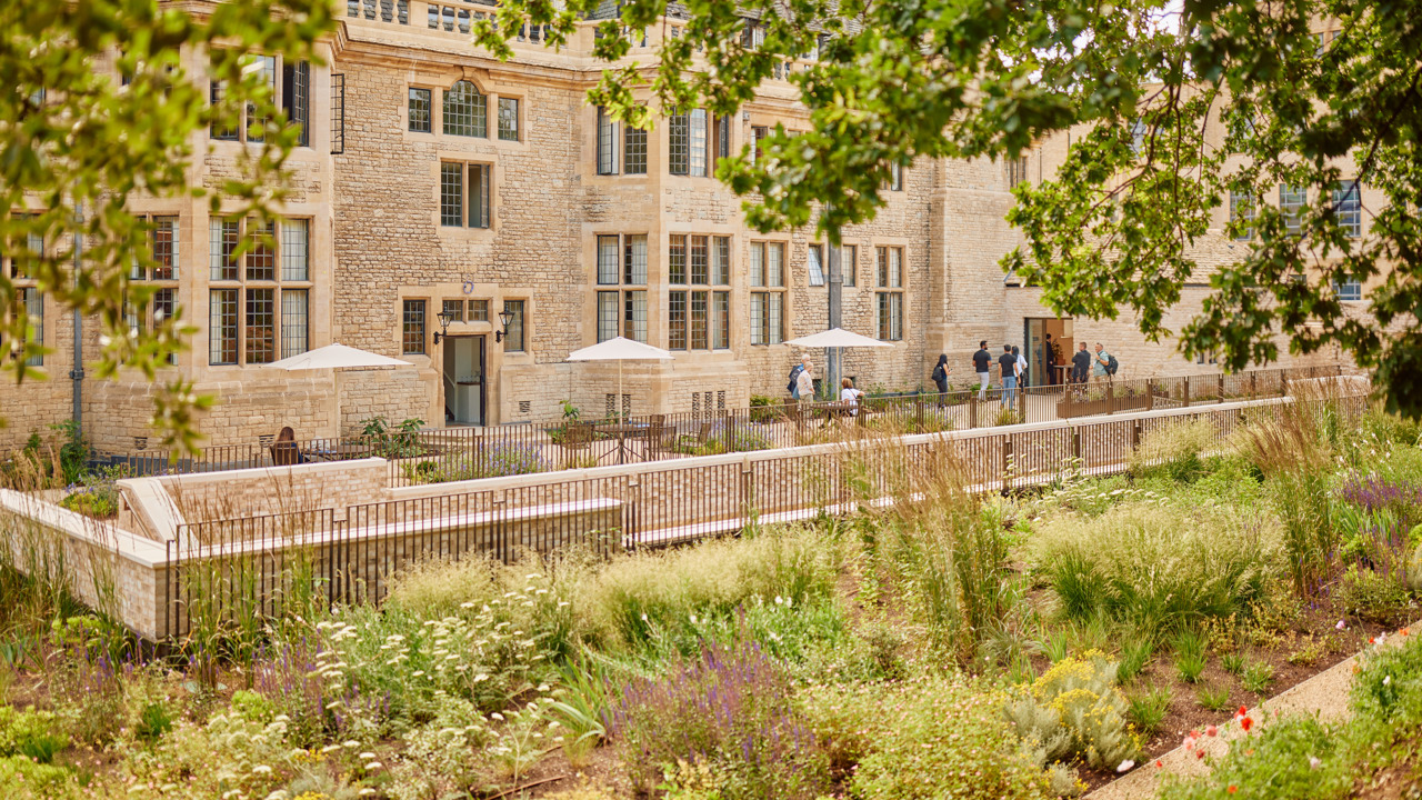 View of the east terrace and east gardens and accommodation block of Rhodes House