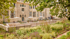View of the east terrace and east gardens and accommodation block of Rhodes House