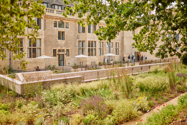 View of the east terrace and east gardens and accommodation block of Rhodes House