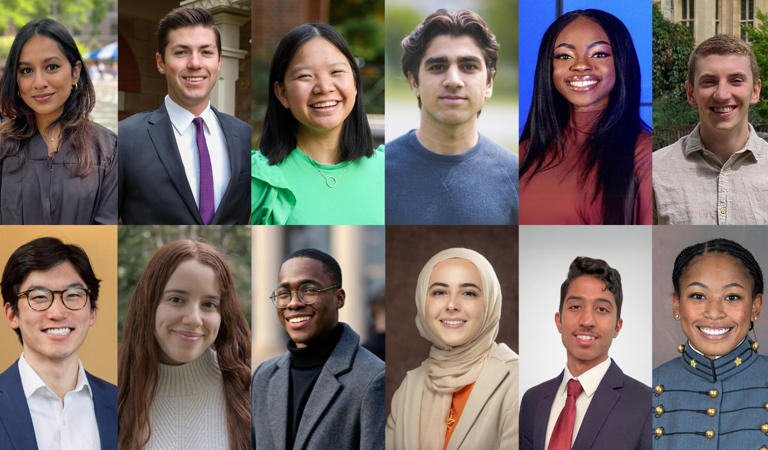 A combined image showing twelve students of various nationalities elected as Rhodes scholars