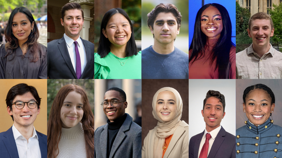 A combined image showing twelve students of various nationalities elected as Rhodes scholars